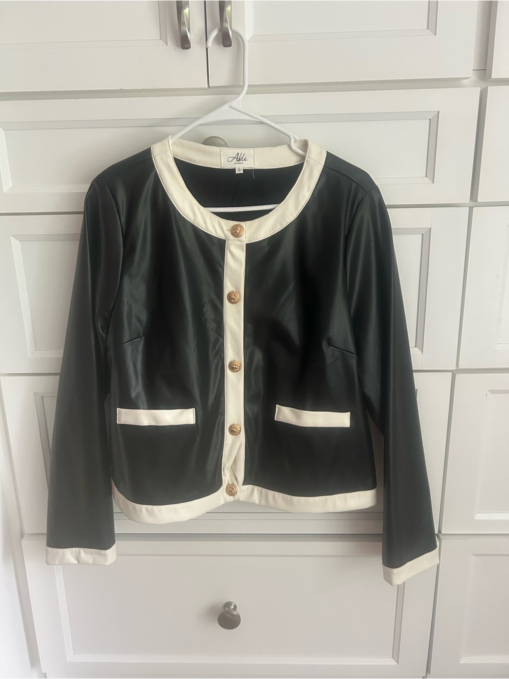 Gold Button Pockets Faux Black & Cream Jacket